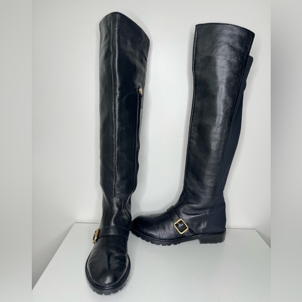 Marc By Marc Jacobs Black Leather Knee-High Boots With Gold Buckles - Elegance